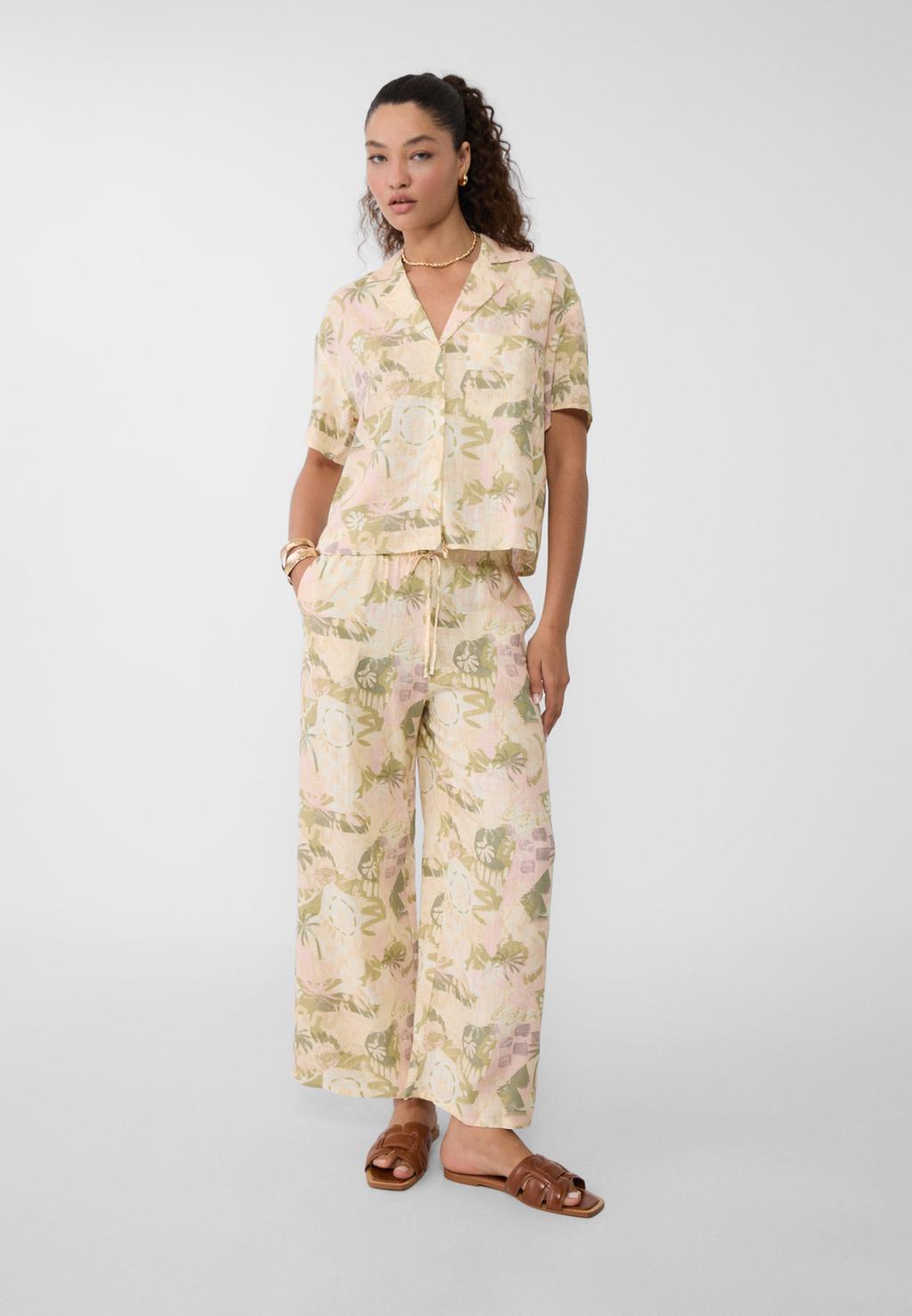 Flowing printed linen blend trousers