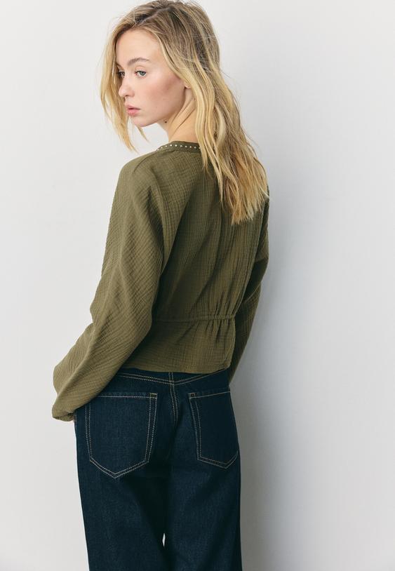 Stradivarius Open Studded Shirt Khaki S