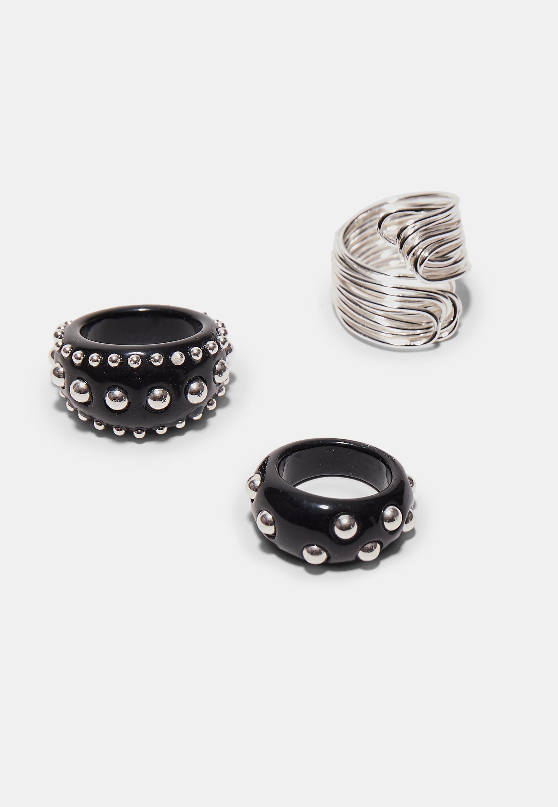 Set of 3 studded rings — Grey (alternate view)