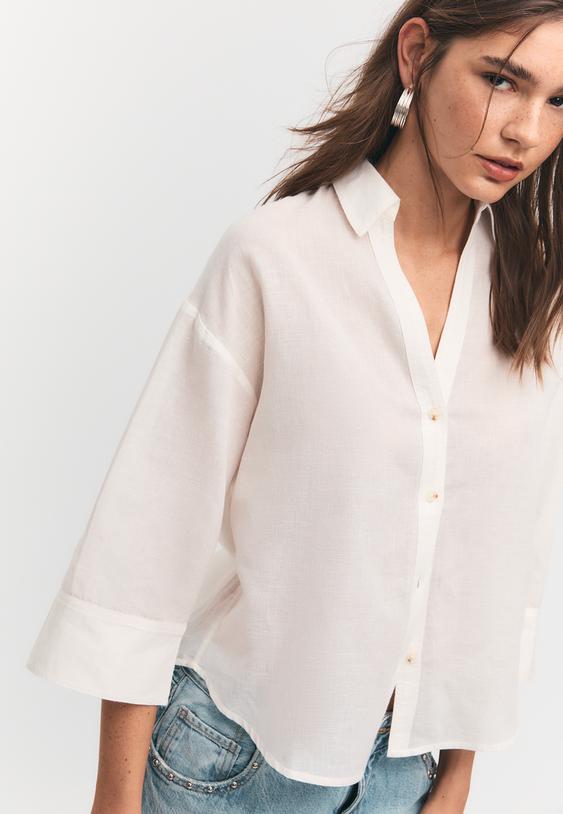 Stradivarius Chemise Manches Kimono Effet Lin Blanc M