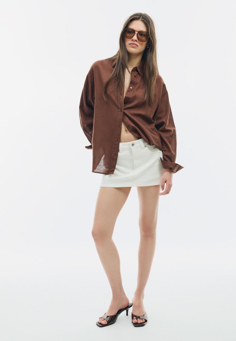 Stradivarius Cămașă Fluidă Cu Aspect De In Maro M