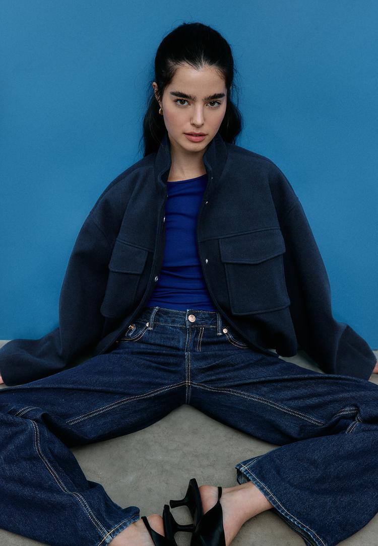 Stradivarius Τζάκετ Μπαλόνι Με Τσέπες Και Απαλή Υφή Σκούρο Μπλε L