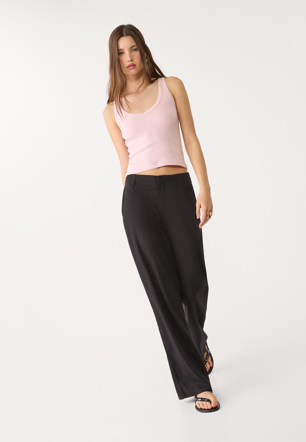 Flowing linen blend straight-leg trousers