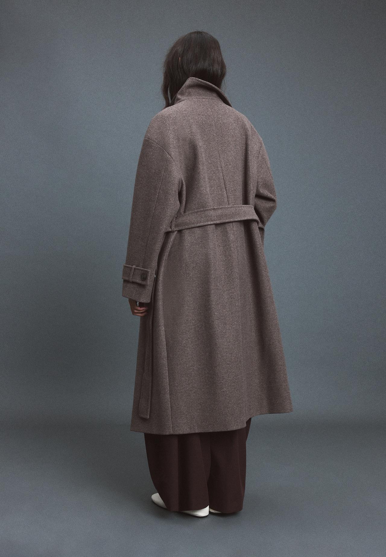 Soft-touch high neck long coat — Brown