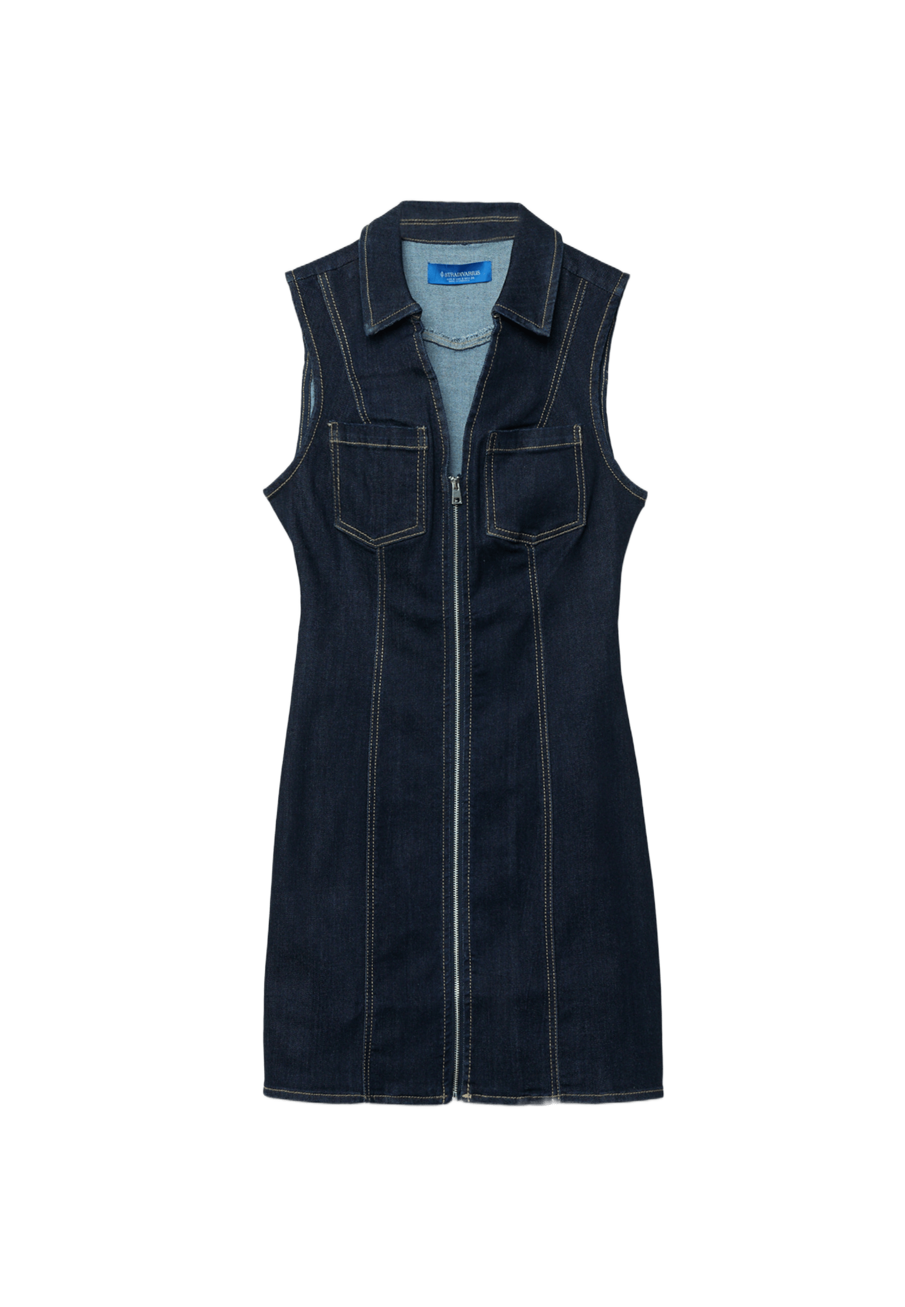 Short sleeveless denim dress with zip — OVERDYED BLUE DENIM