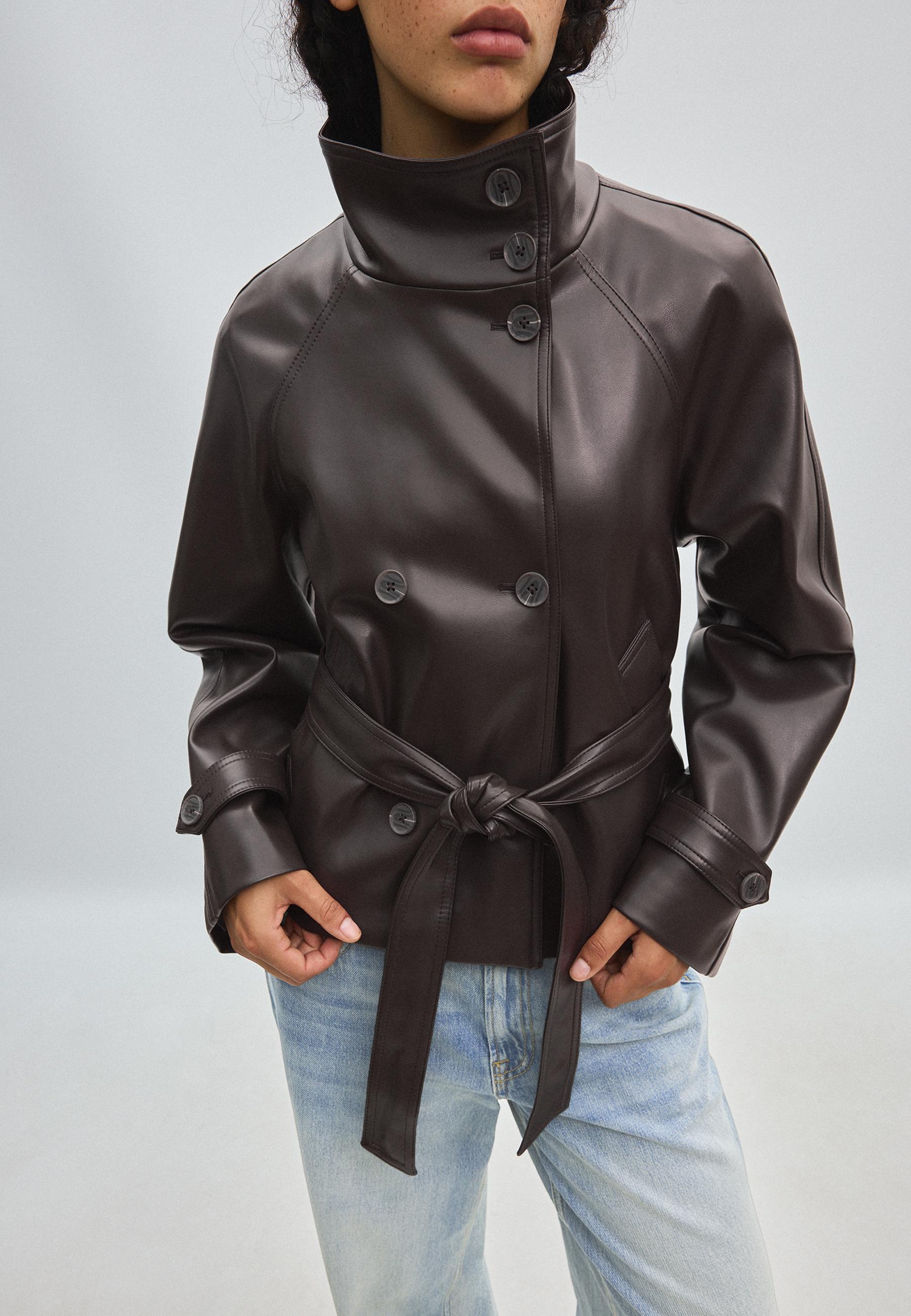 Short leather effect trench coat — Dark grey