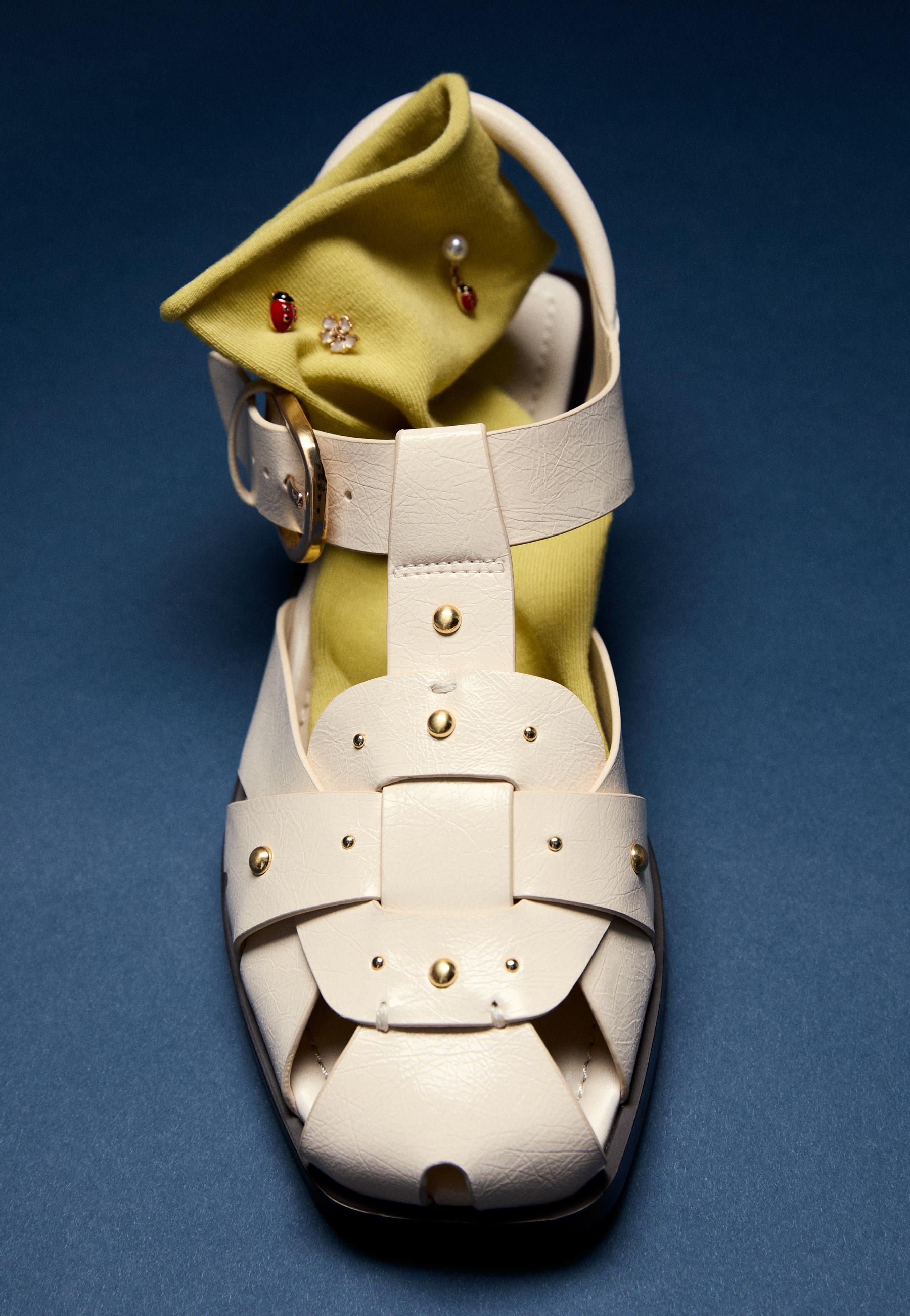Leather effect studded cage sandals — ECRU