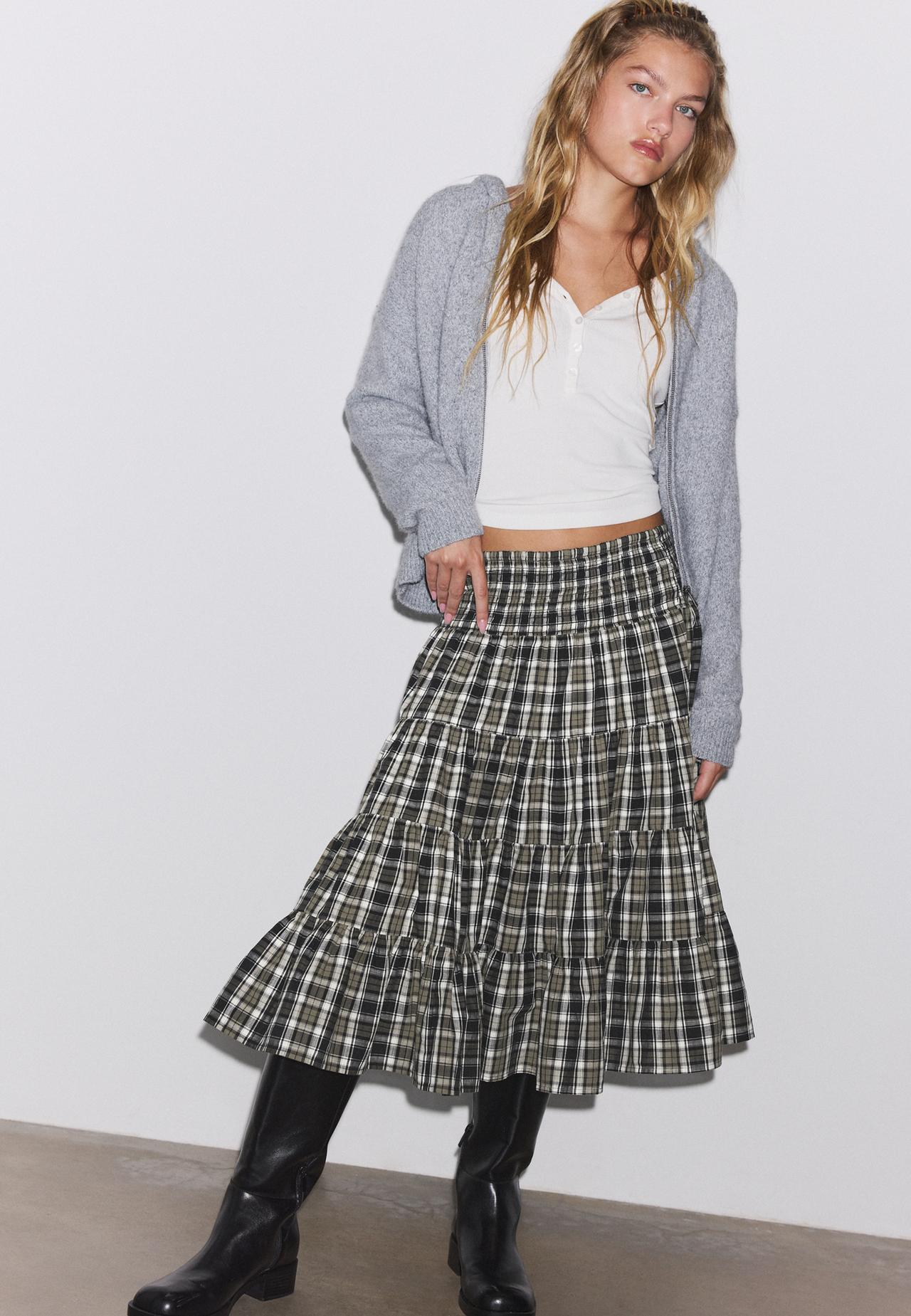 Check print midi skirt — Brown