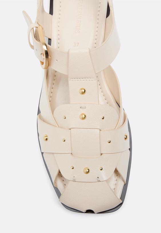 Stradivarius Leather Effect Studded Cage Sandals Ecru 3