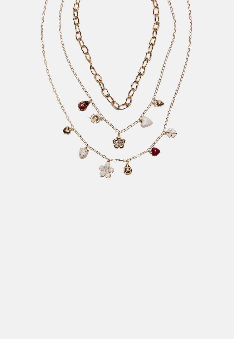 Stradivarius Σετ 3 Κολιέ Με Πολλαπλά Μενταγιόν Χρυσαφί Os