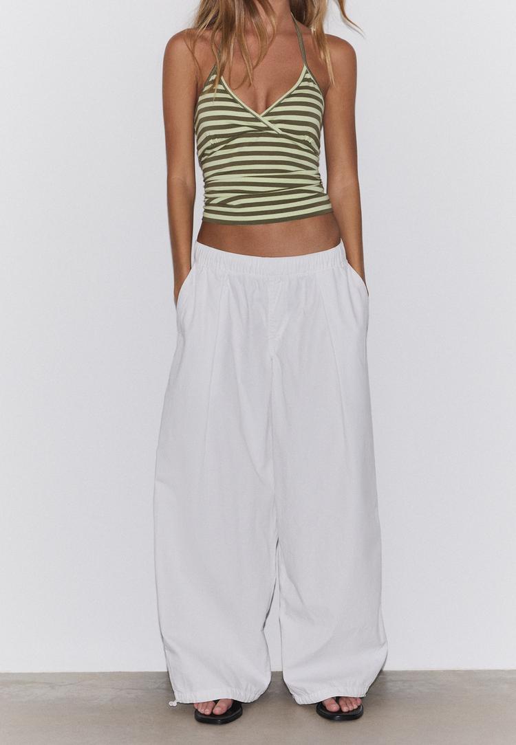Poplin barrel trousers with stoppers — White