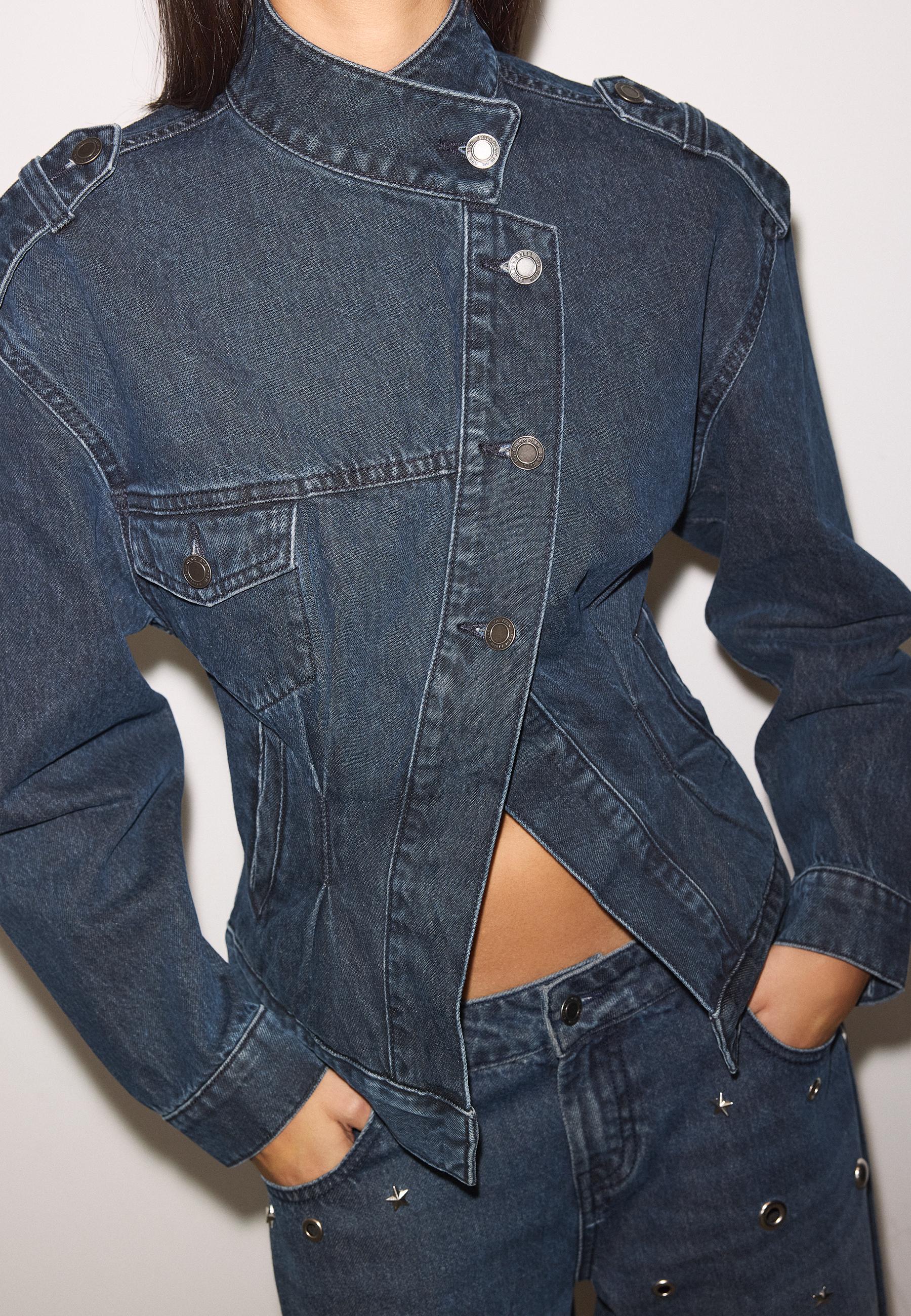 Cross-over denim jacket — BLACK DENIM WASHED EFFECT