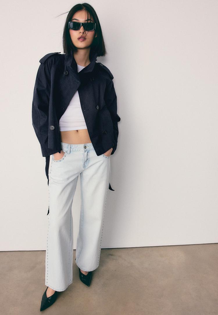 Stradivarius Trench Με Ψηλό Γιακά Και Ζώνη Σκούρο Μπλε L