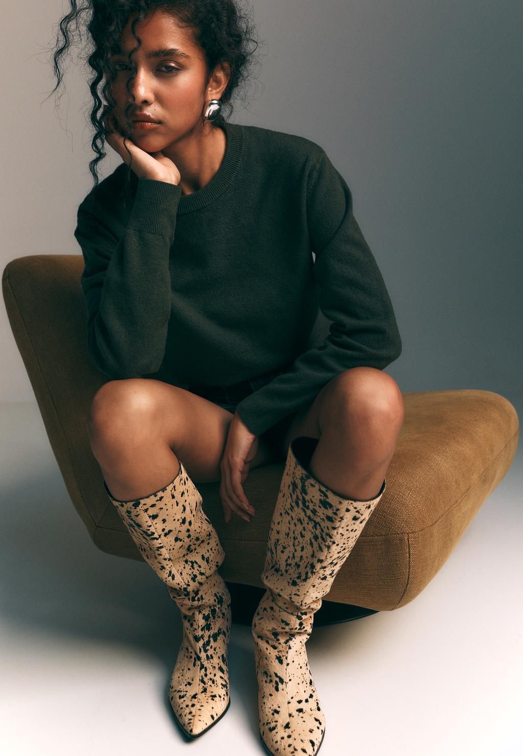 Heeled fur animal print knee-high boots