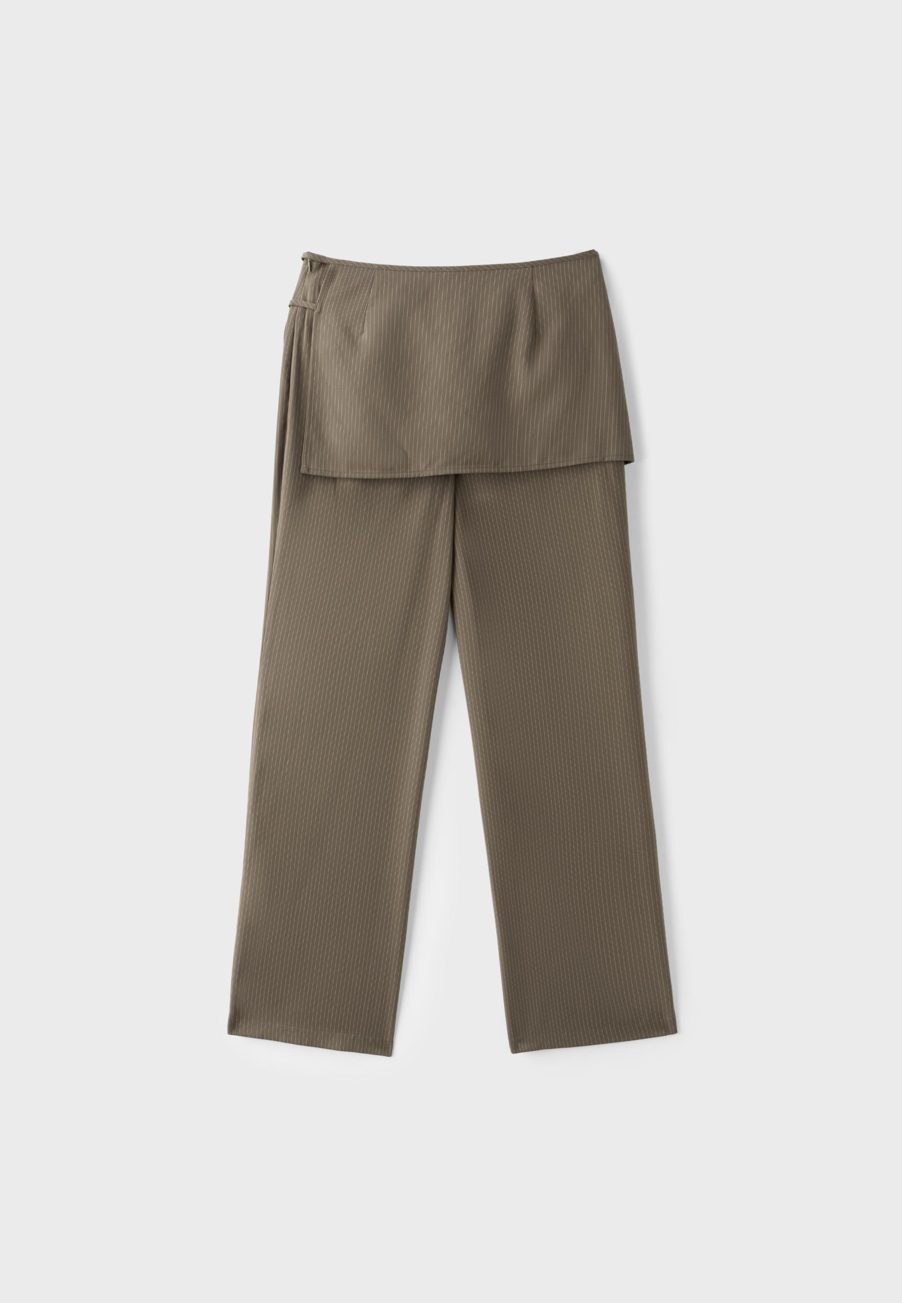Striped straight-leg trousers with skirt overlay — Khaki