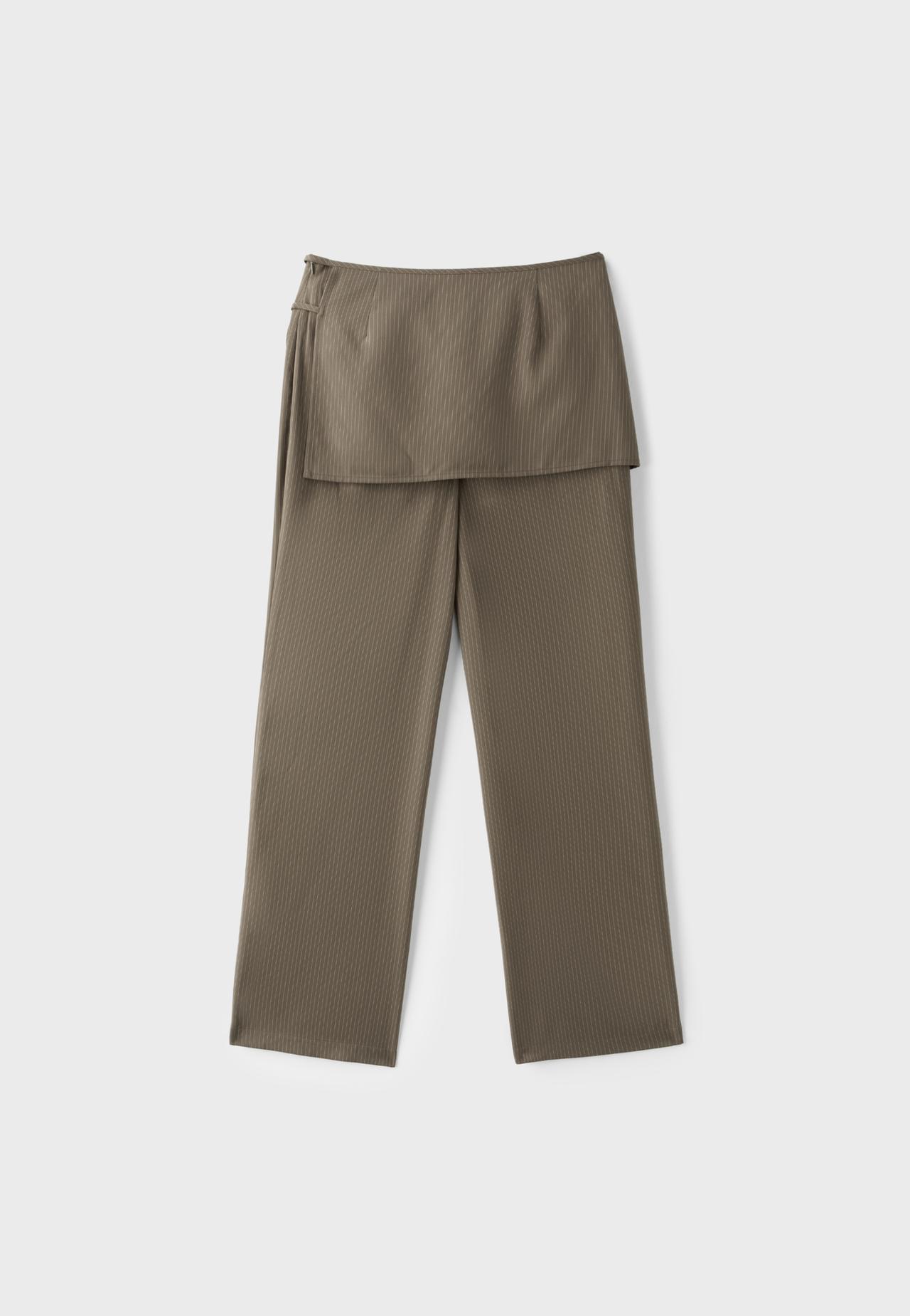 Striped straight-leg trousers with skirt overlay — Khaki