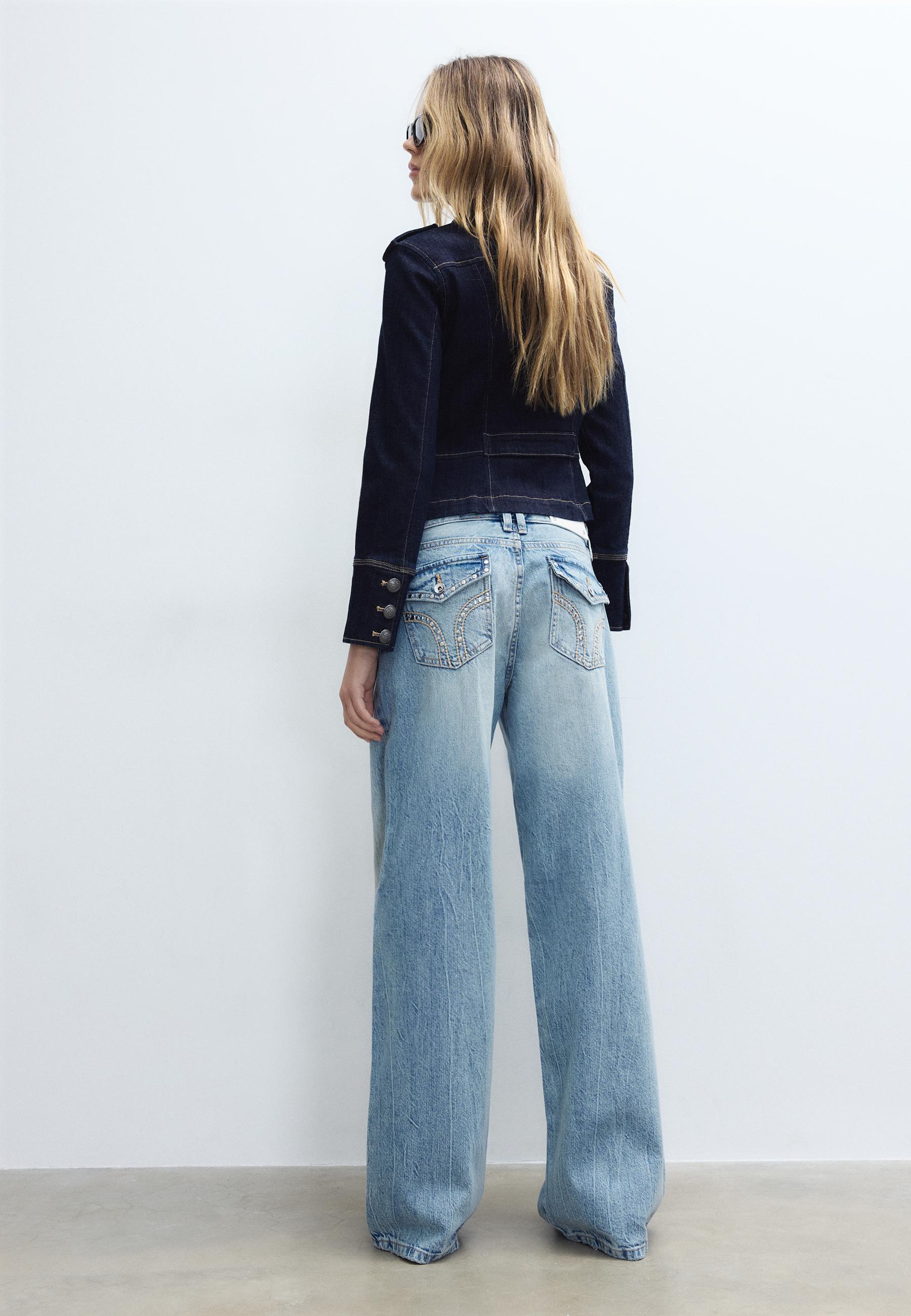 Low-rise straight jeans with studded pockets — OVERDYED BLUE DENIM