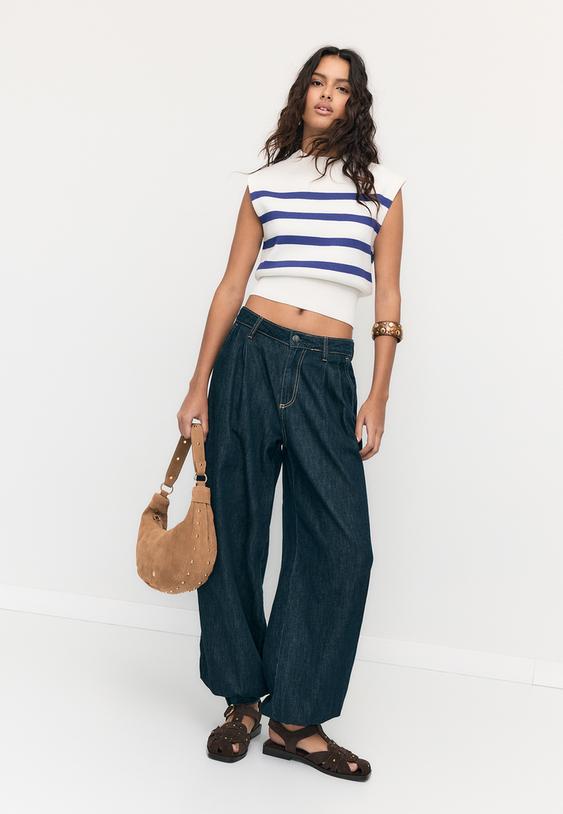 Stradivarius Knit Round Neck Top Ecru S