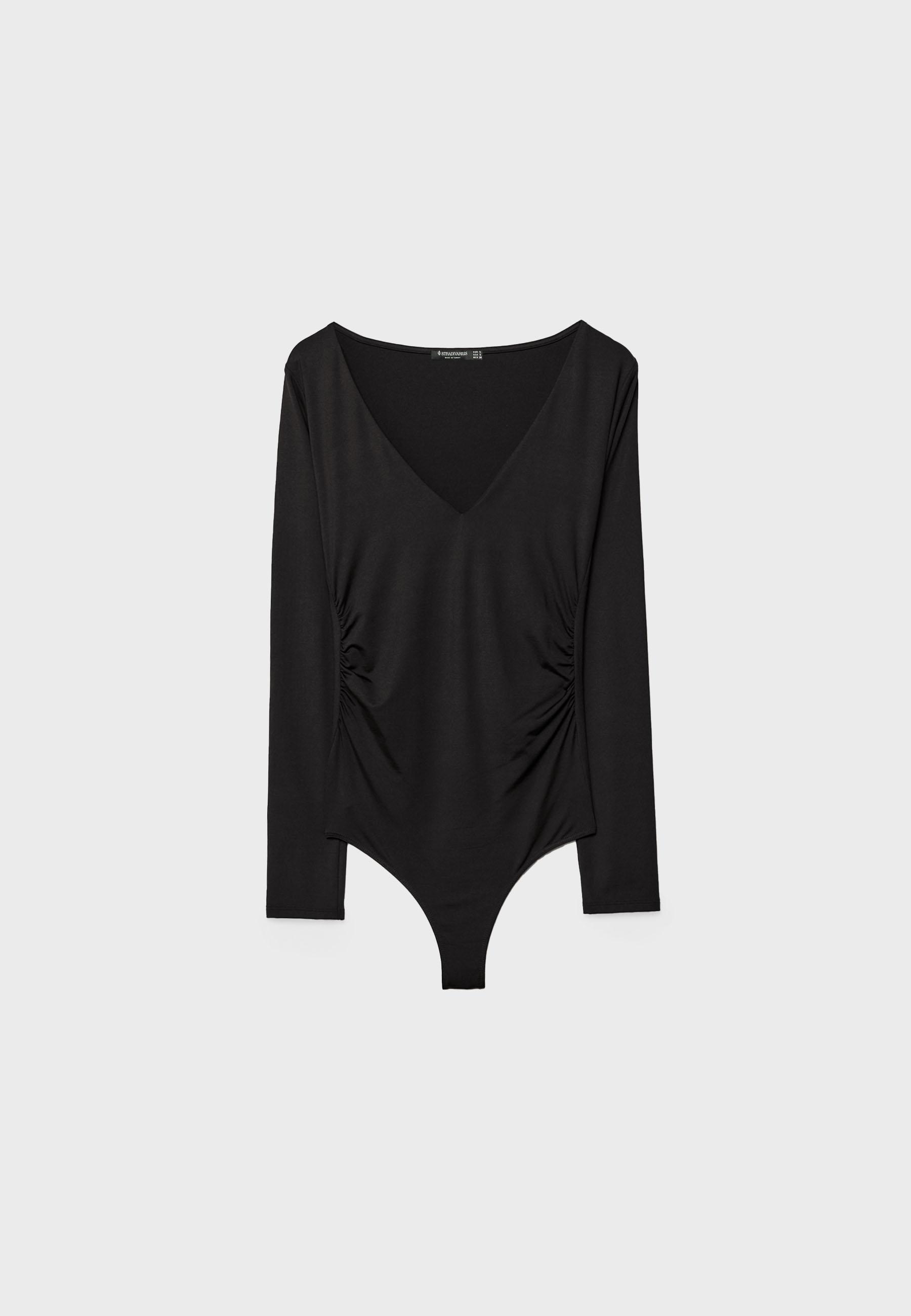 Gathered polyamide bodysuit with V-neckline — Black