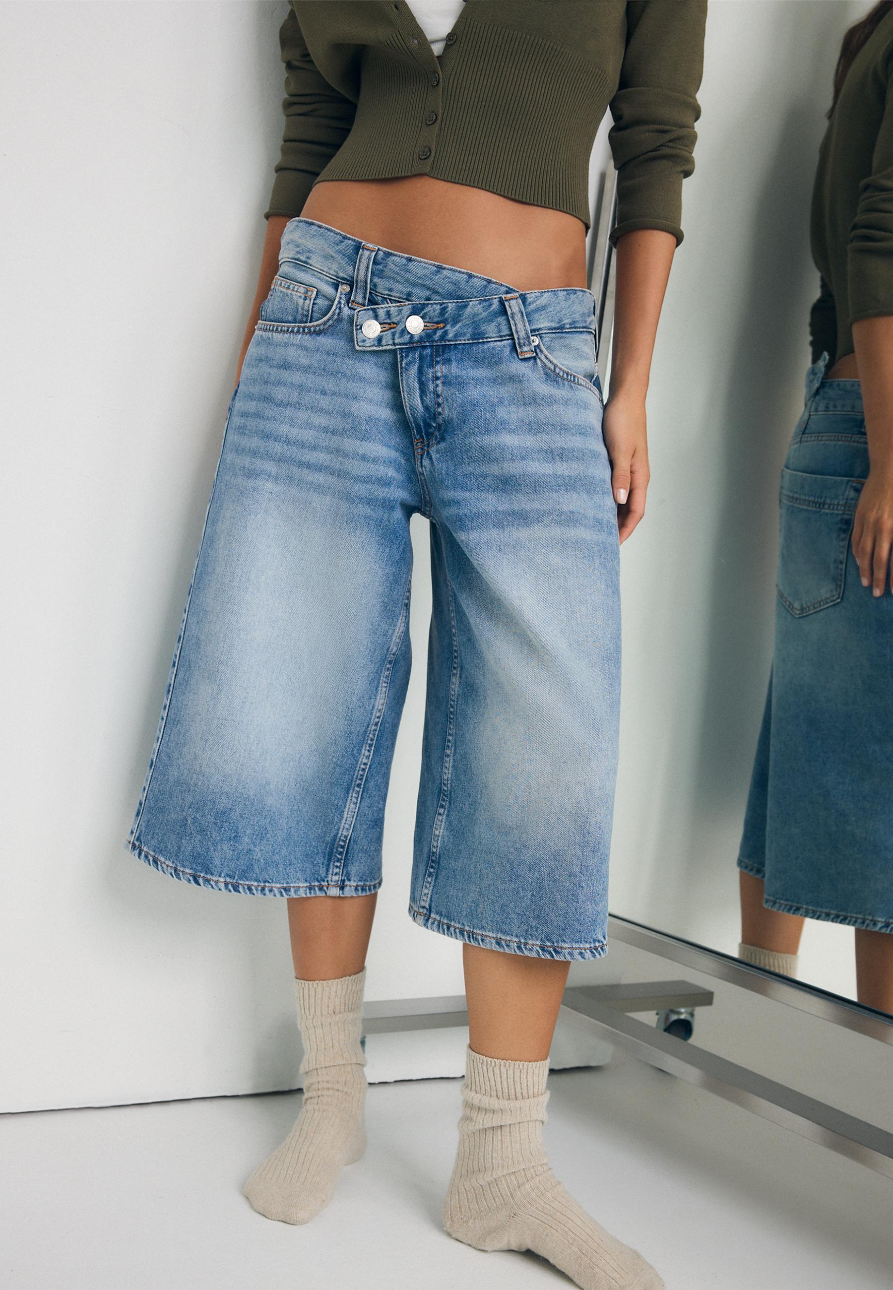 Cross-over waist Bermuda shorts — OVERDYED BLUE DENIM