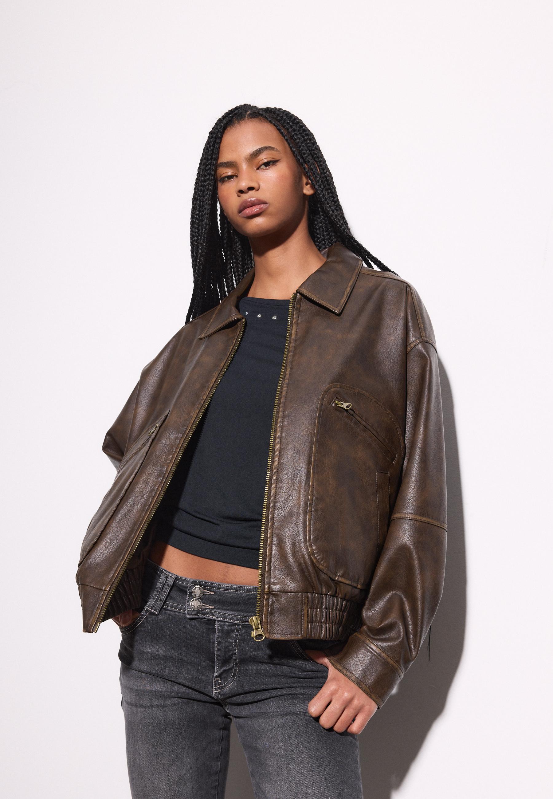 Leather effect jacket with pockets — Brown