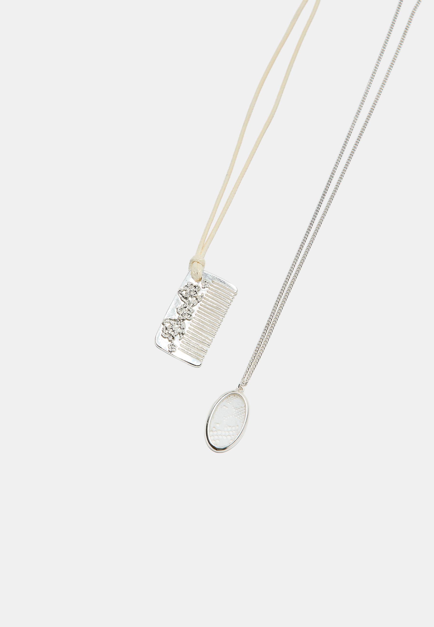 Set of 2 layered comb pendant necklaces — Grey