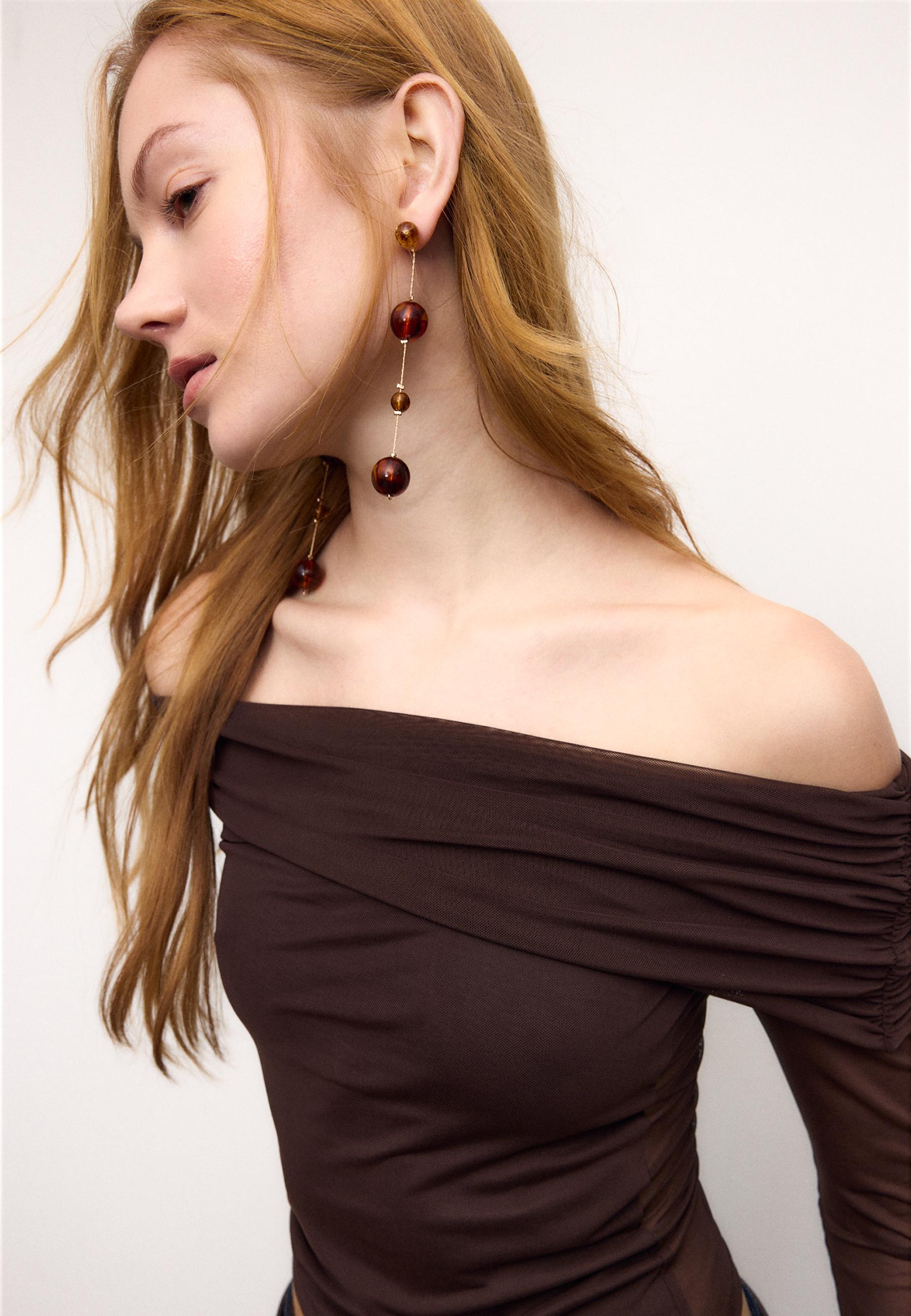 Asymmetric tulle T-shirt — Brown