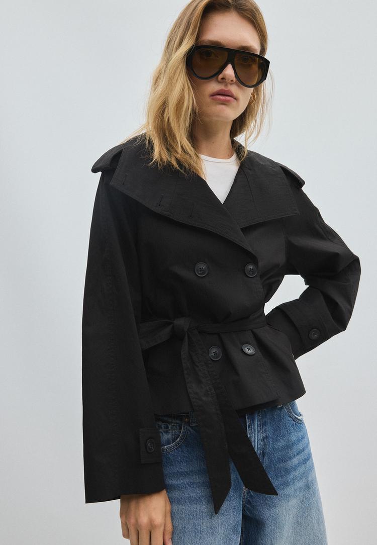 Stradivarius Trench À Col Montant Et Ceinture Noir Xl