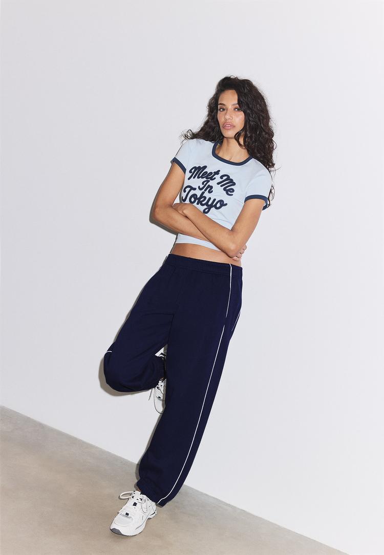 Stradivarius Jogger Παντελόνι Με Ρέλι Navy Blue Xs