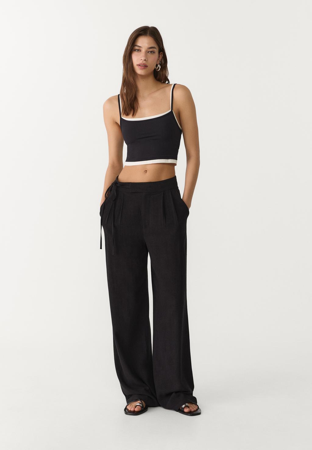 Flowing linen blend trousers with tie