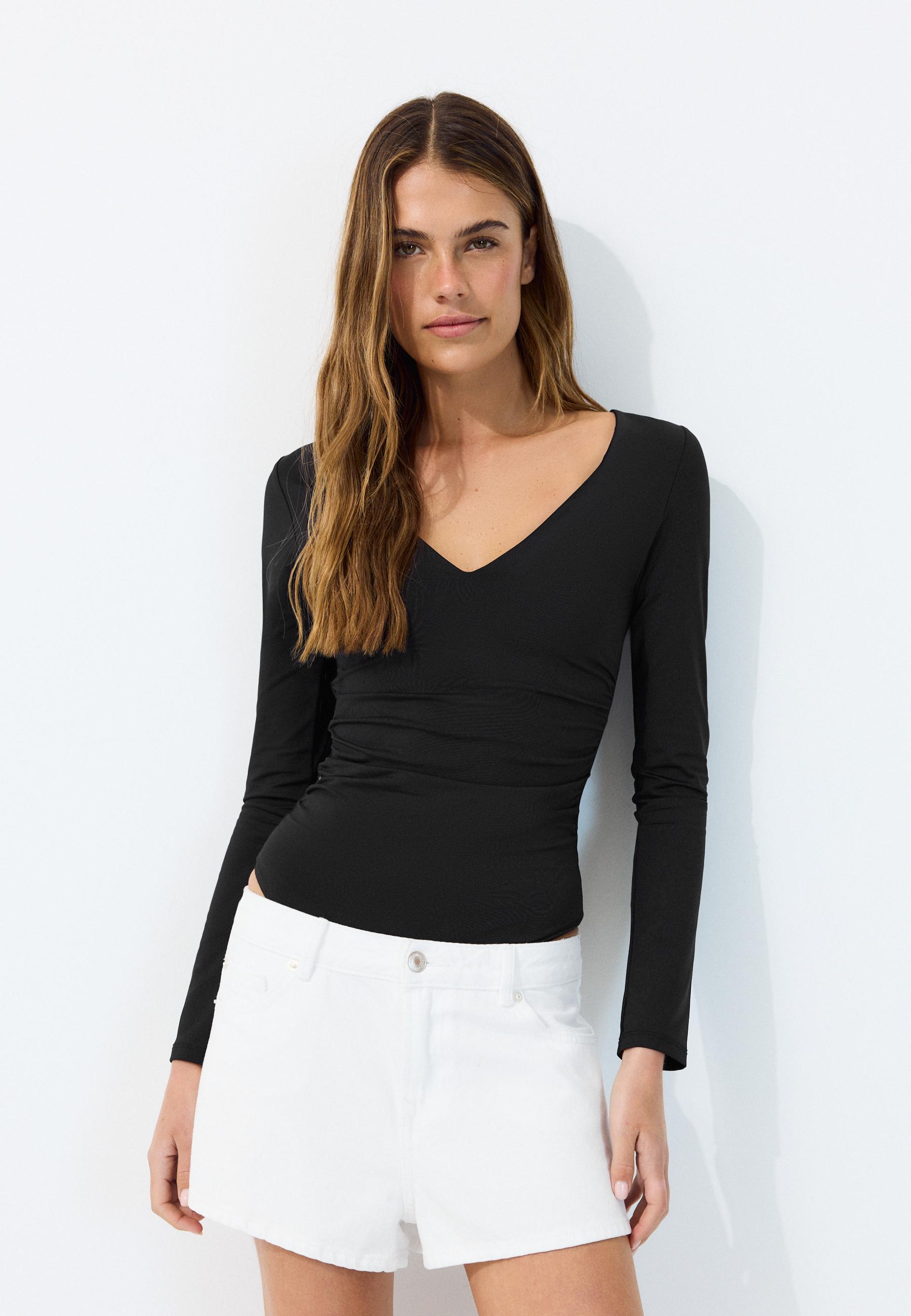 Gathered polyamide bodysuit with V-neckline — Black
