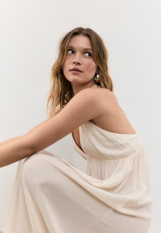 Stradivarius Robe Longue À Smocks Et Perles Vanille Xl