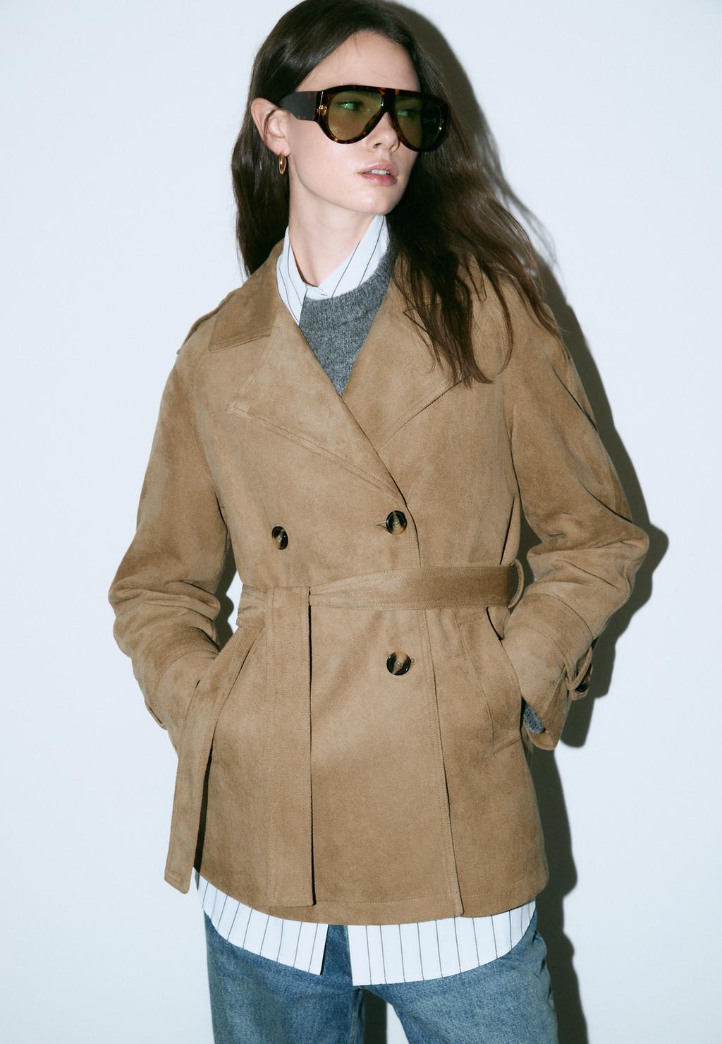 Regular faux suede trench coat
