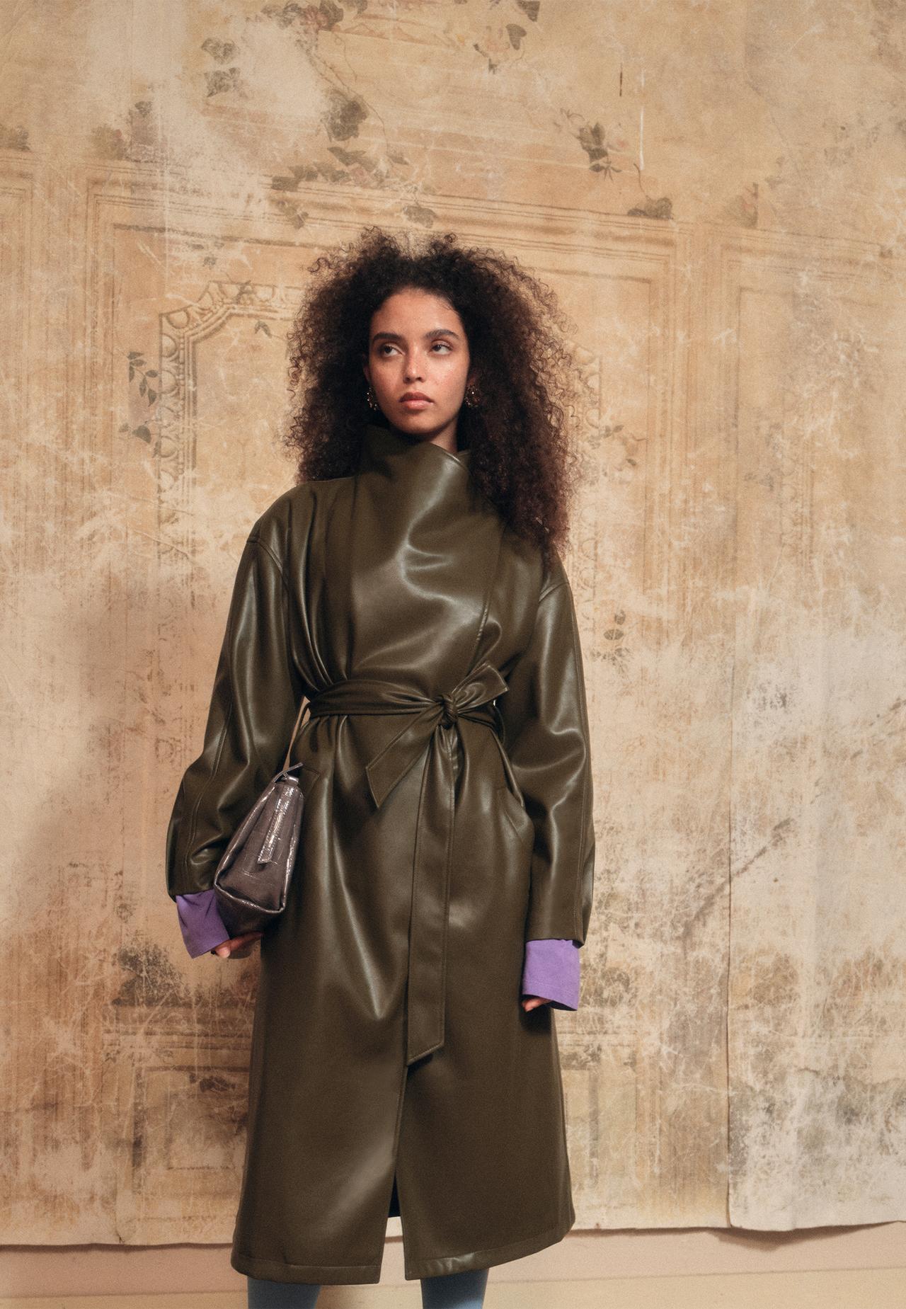 Long leather effect waterfall collar trench coat — Khaki