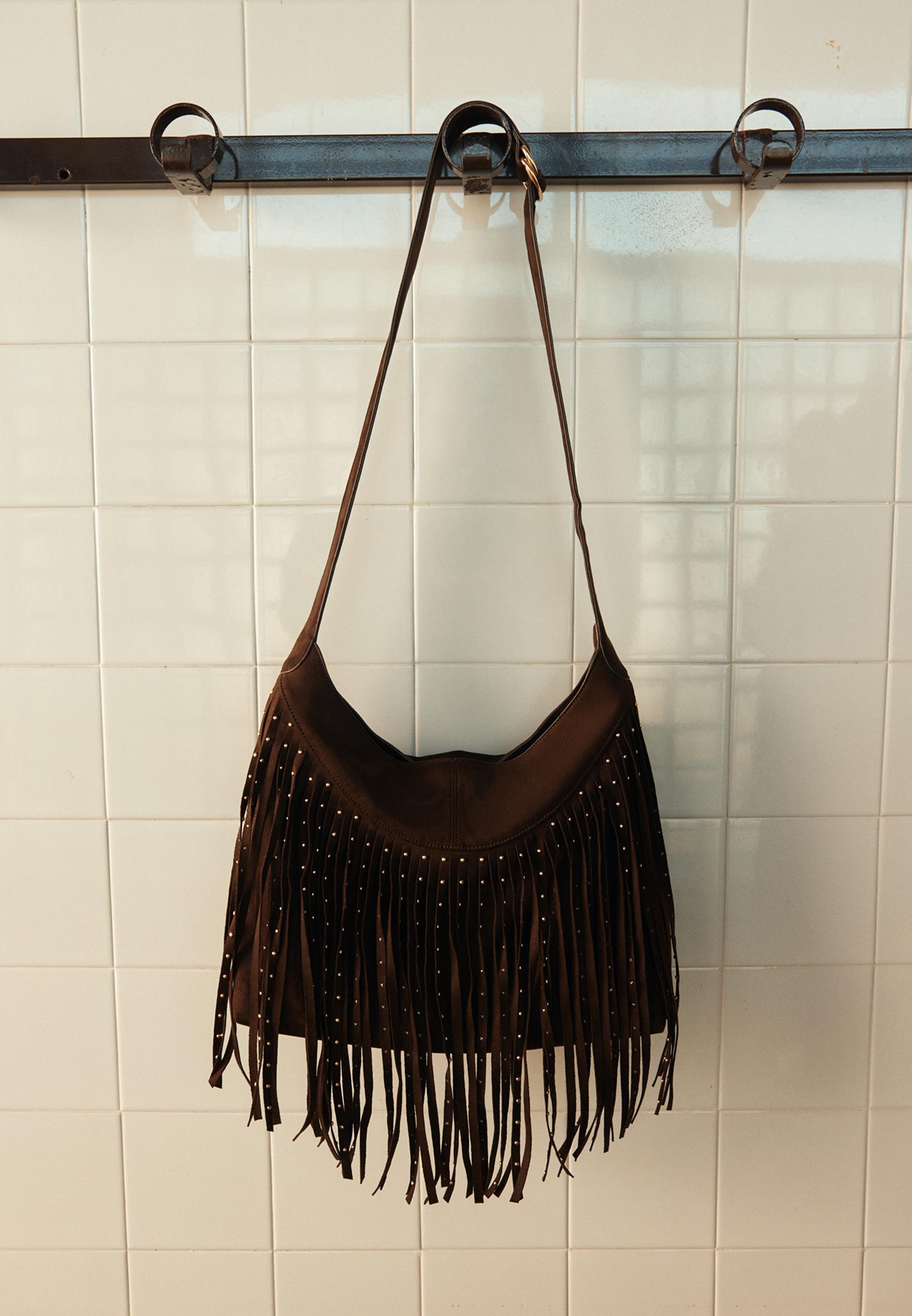 Soft touch shoulder bag with fringe detail — Brown