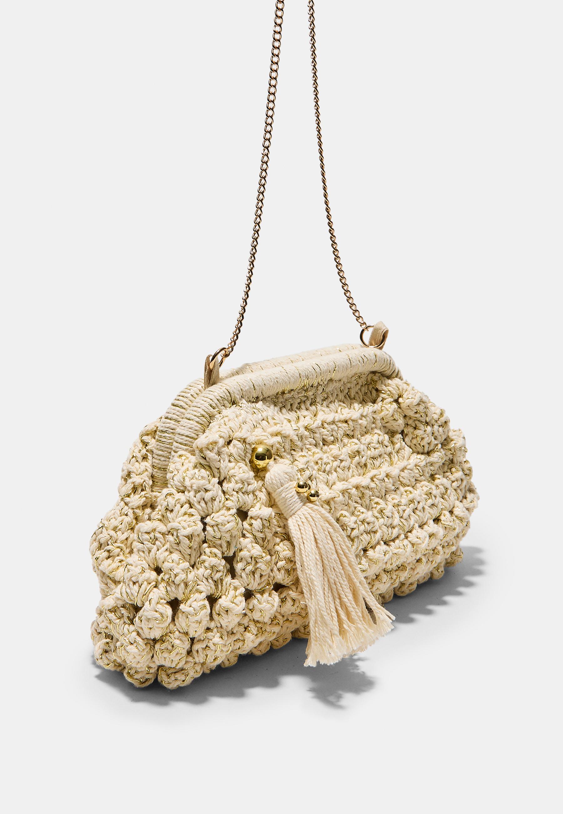 Metallic thread crochet bucket bag — Ecru