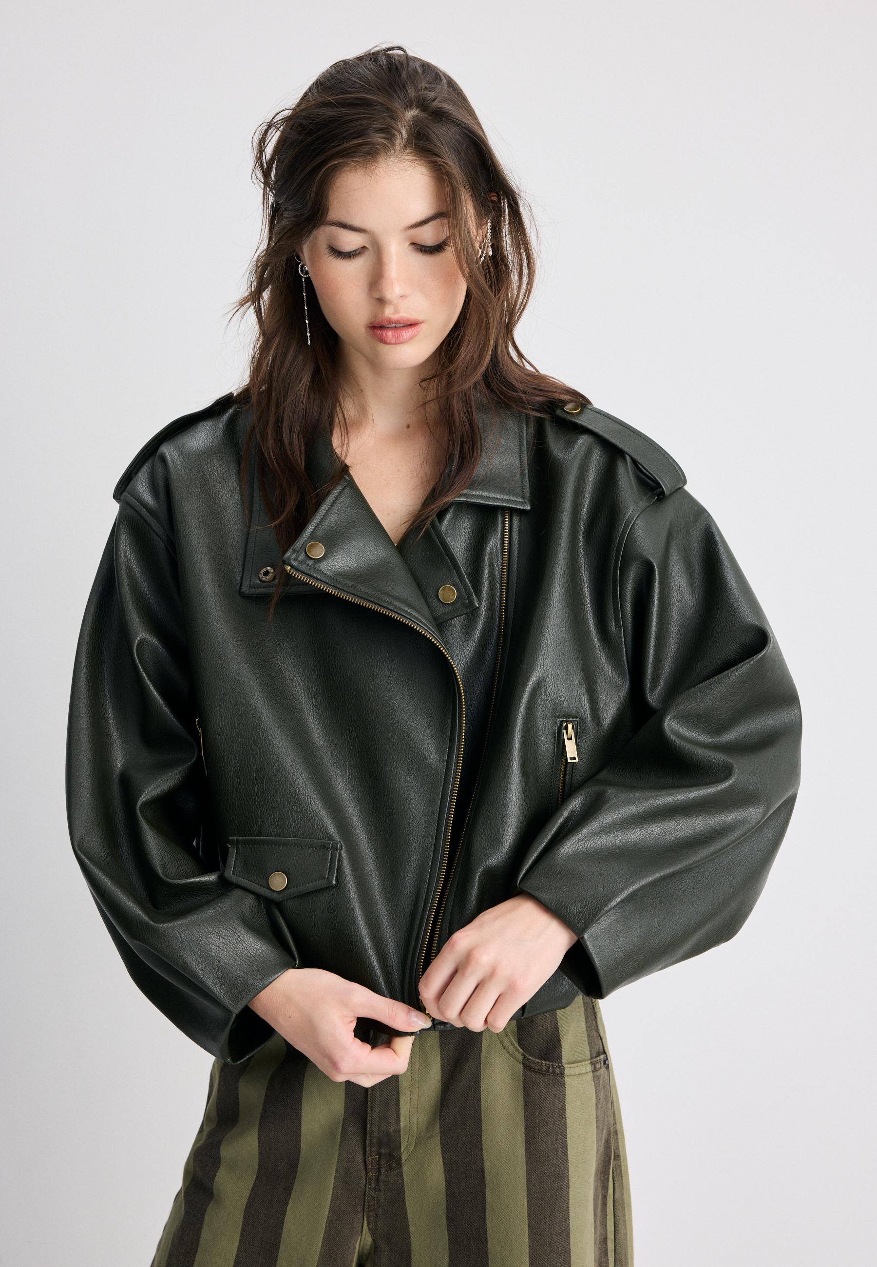 Leather effect balloon sleeve biker jacket — Green