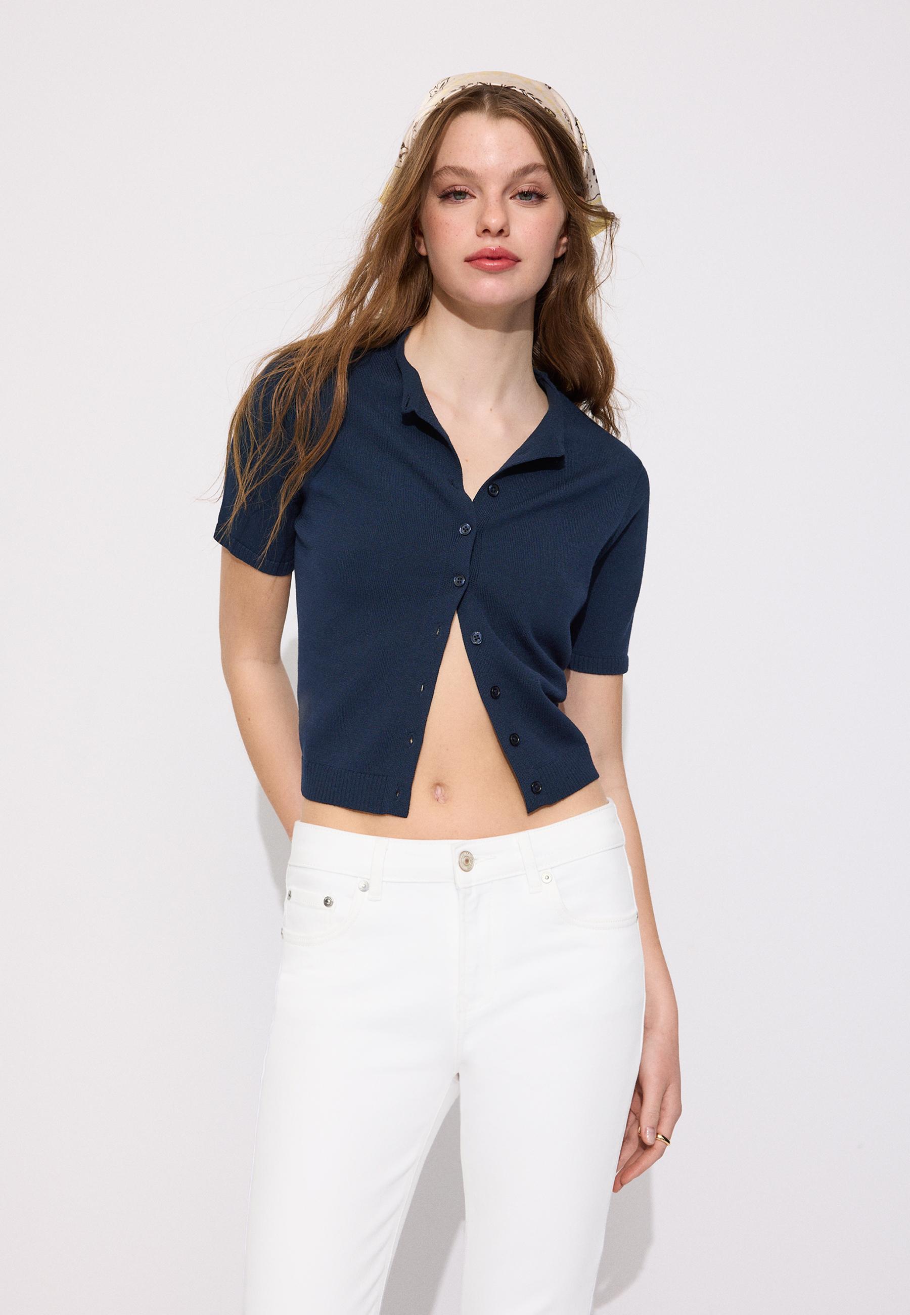 Stand collar buttoned knit cardigan — Dark blue