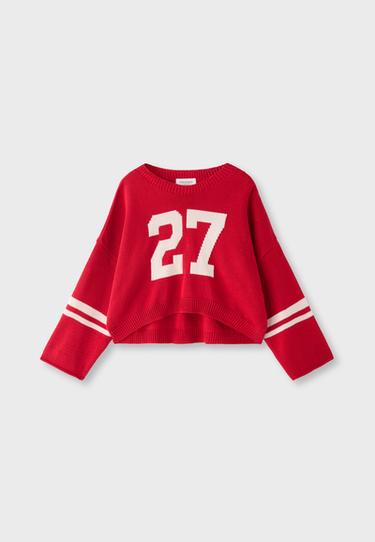 Number cropped knit jumper — Red 7