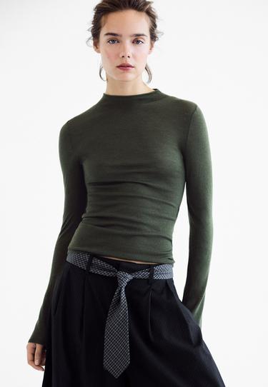 Basic wool silk mock neck jumper — Khaki 3