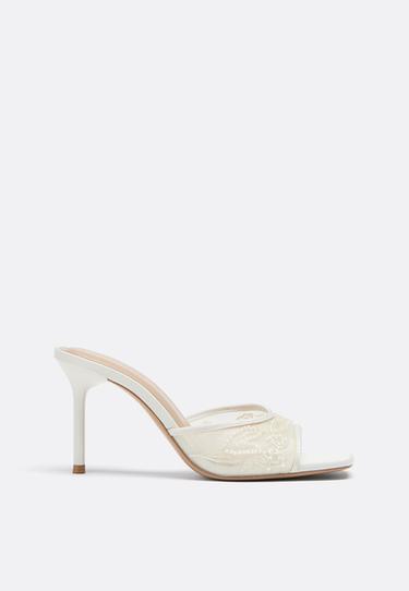Beaded mesh strap heeled sandals — ECRU 2