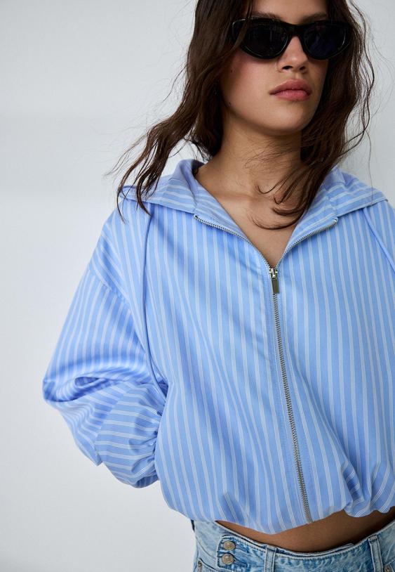 Stradivarius Basic Striped Nylon Hooded Jacket Sky Blue L