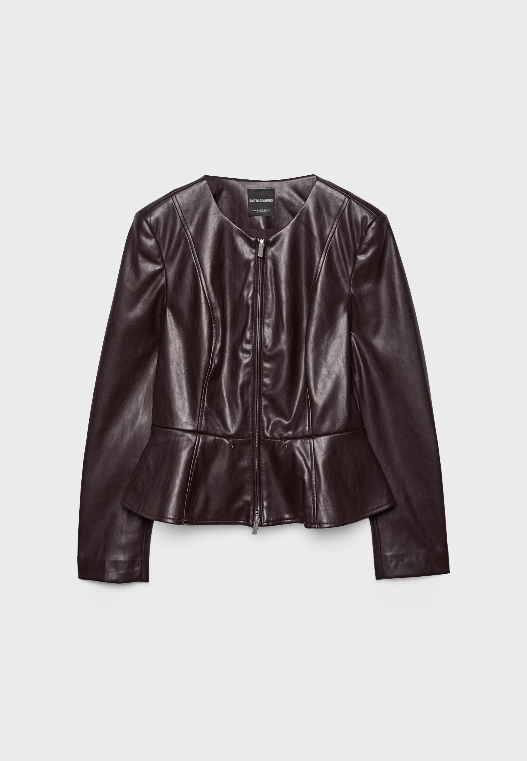 Collarless leather effect peplum blazer — Brown