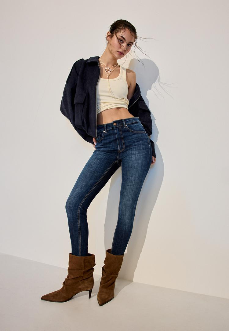 Stradivarius D07 Blugi Skinny Fit Regular Waist Efect Prespălat Denim Overdyed 34