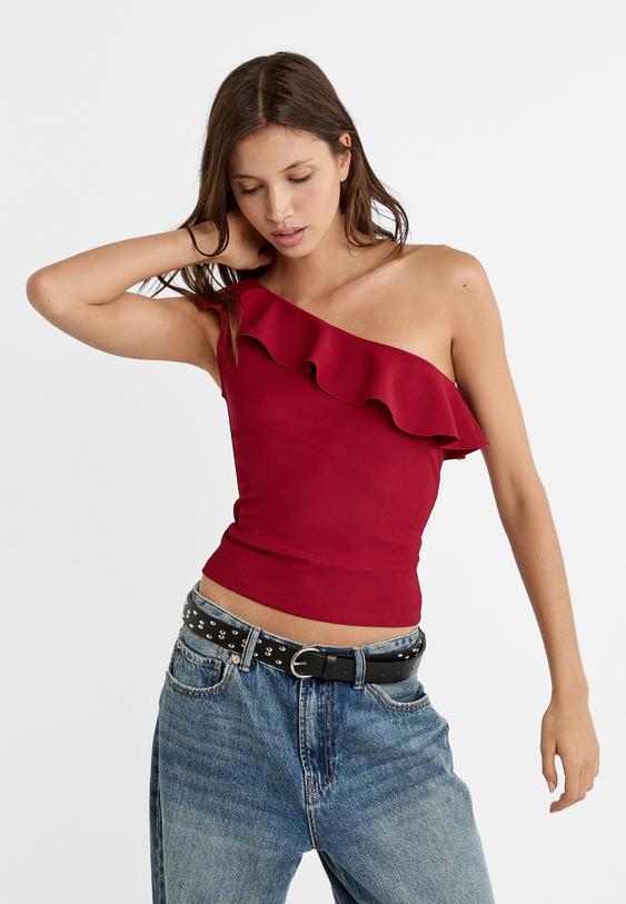 Stradivarius Ασύμμετρη Μπλούζα Με Βολάν Σκούρο Κόκκινο L