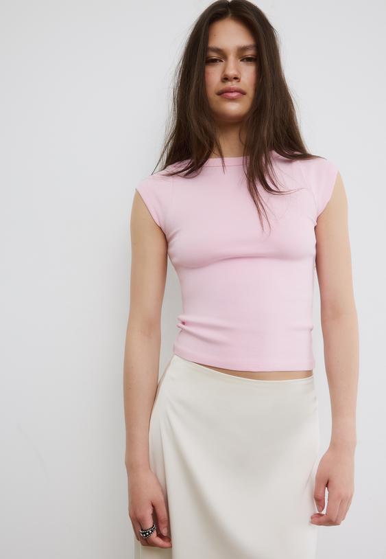 Stradivarius Basic Boat Neck T-Shirt Salmon Pink Xs