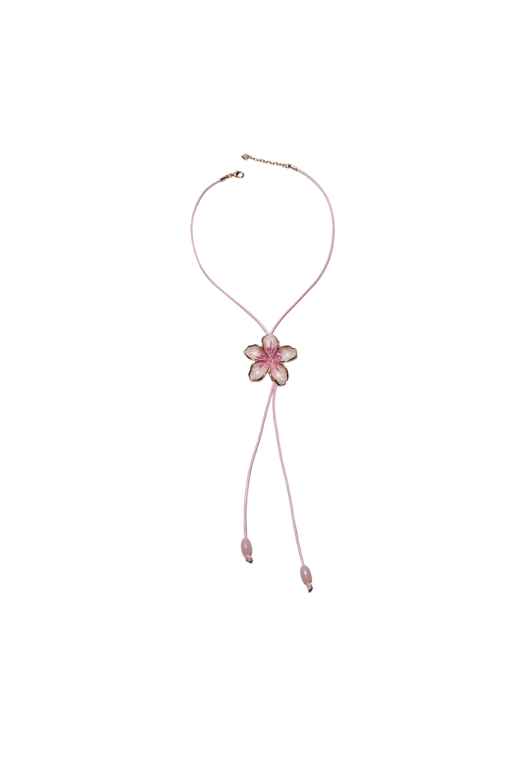 Enamel flower cord necklace — Pastel pink
