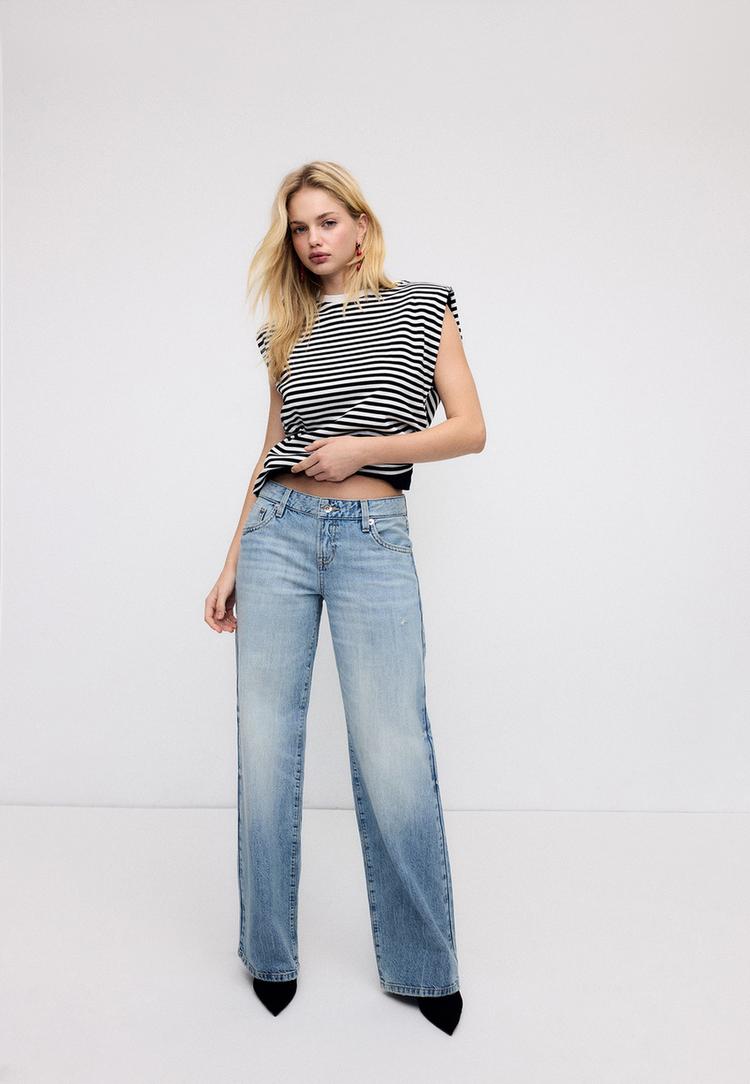 Stradivarius Basic T-Shirt Med Striber Og Skulderpuder L