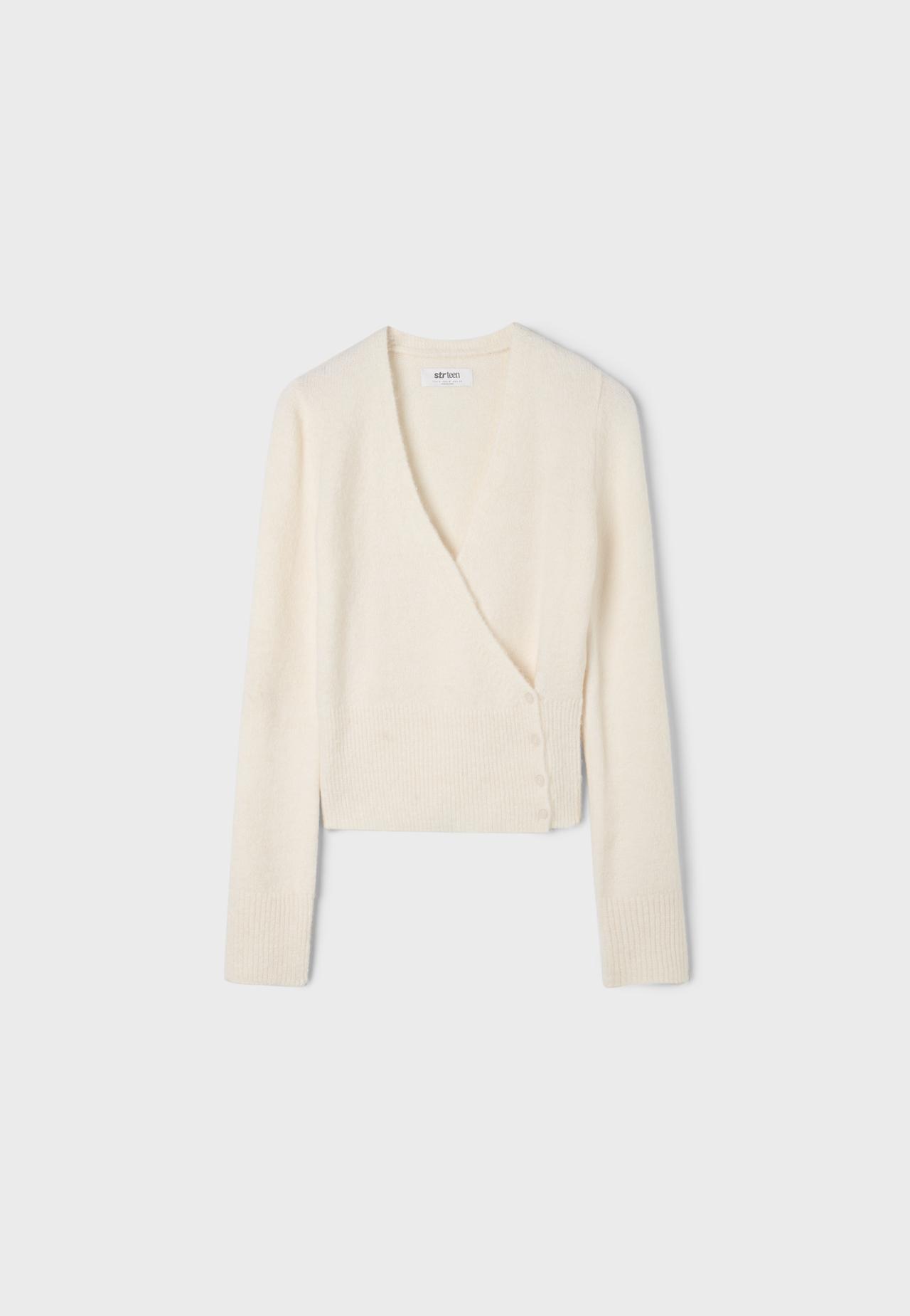 Cross-over button knit cardigan — Ecru