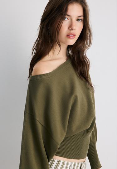 Asymmetric ribbed hem knit jumper — Khaki 7